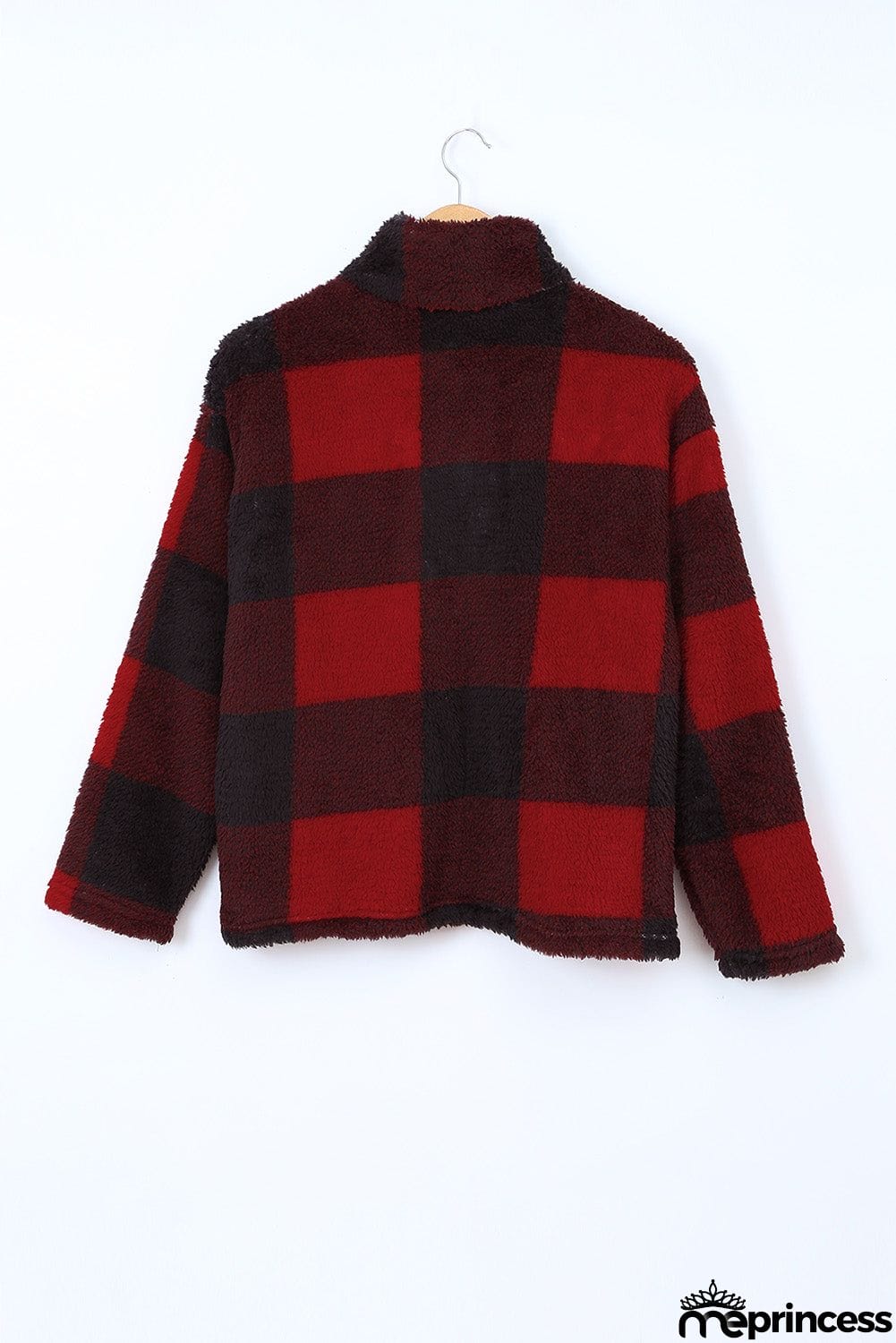 Women's Winter Red Plaid Zip Collar Plush Pullover Sweatshirt