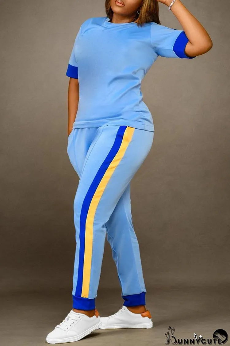 Peacock Blue Fashion Casual Patchwork Basic O Neck Short Sleeve Two Pieces