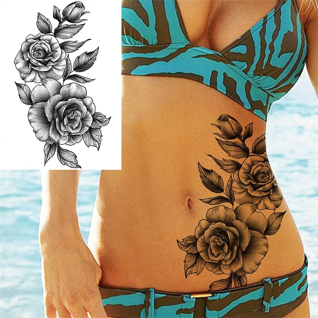 Flower Compass Temporary Tattoo For Women Girls Adult Rose Peony Tattoos Sticker Fake Black Floral Body Art Thigh Tatoos Paper