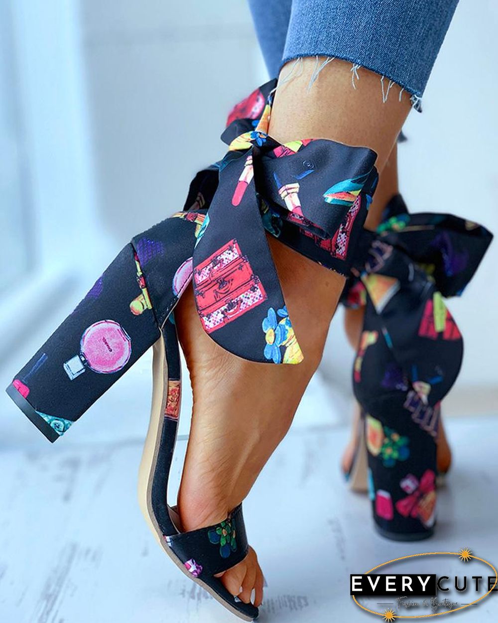 Open Toe Print Bowknot Block Heels