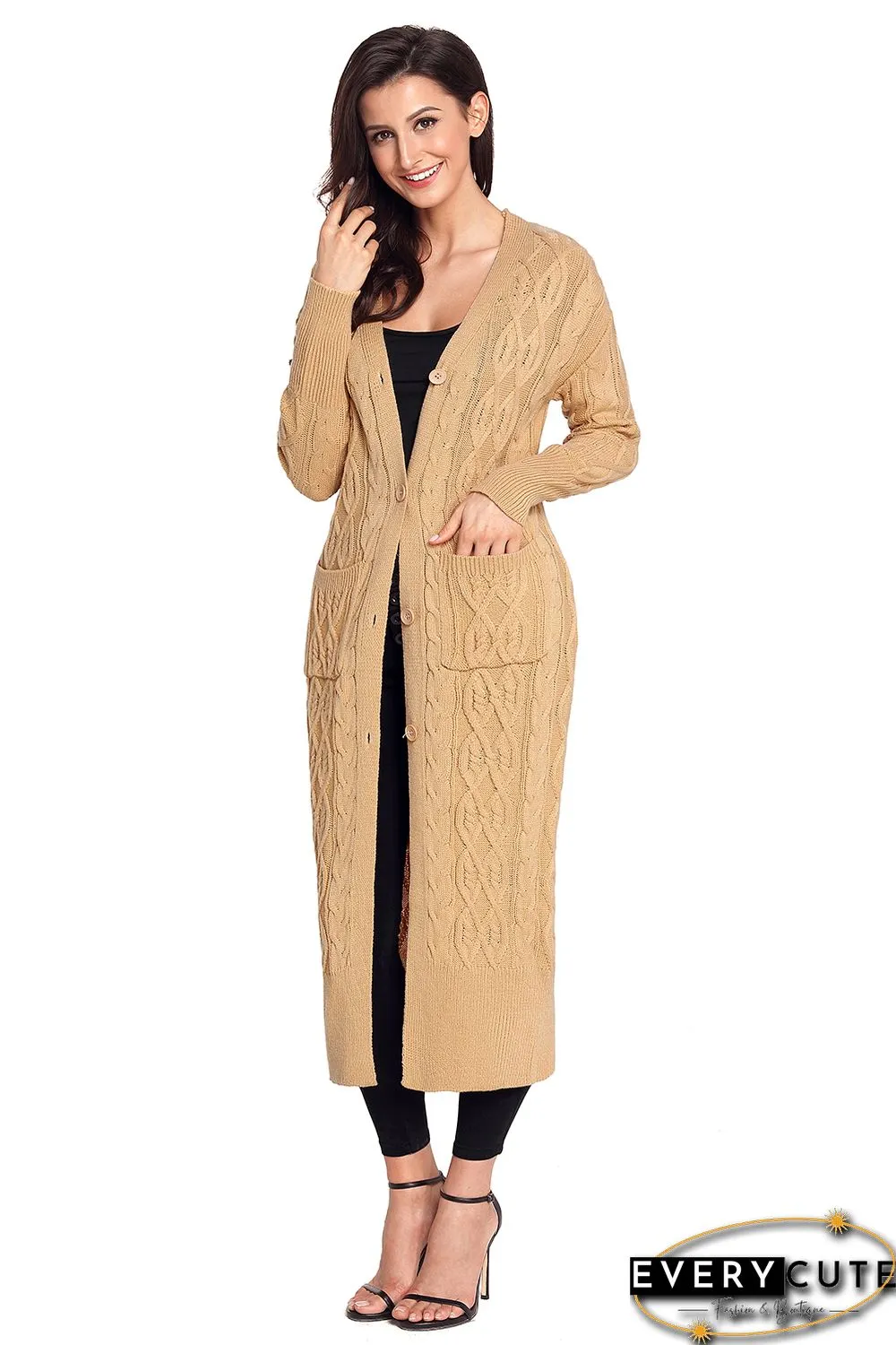 Khaki Cable Knit Long Cardigan