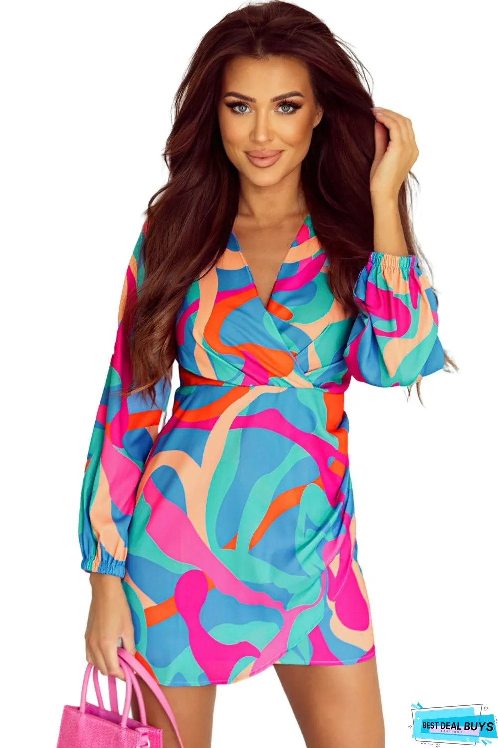 Abstract Wrap Puff Sleeve Dress