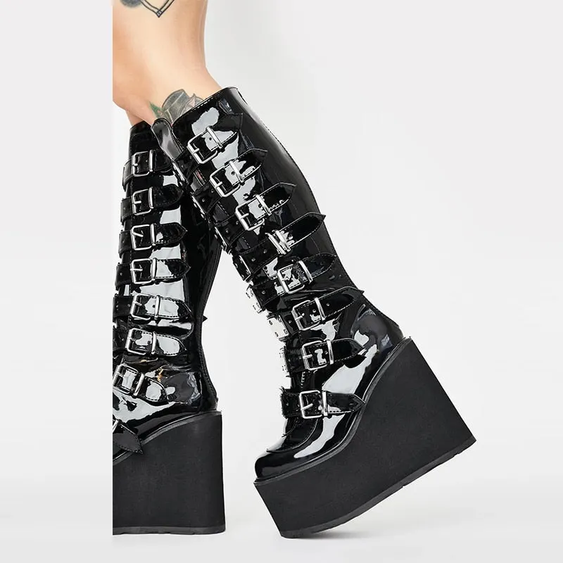 Leather Women Mid-Calf Boots Gothic Style Cool Punk Motorcycles Females Boot Platform Wedges High Heels Calf Boots Women's Shoes