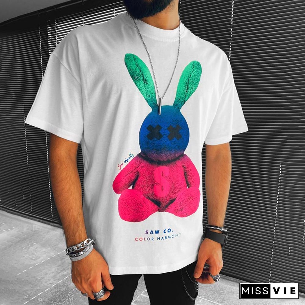 Colored Bunny Print Loose Short Sleeve T-Shirt