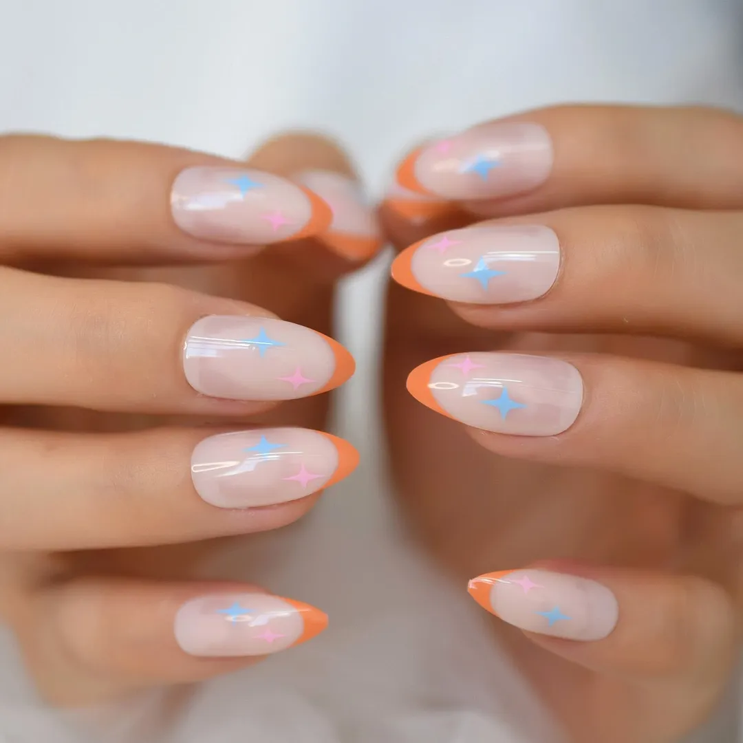 28pcs Nude Purple Short Almond Press on False Nails with Designs Gold Moon Starts Glossy Gel Fake Nails Finger Nail Decorations-Nail Inspo