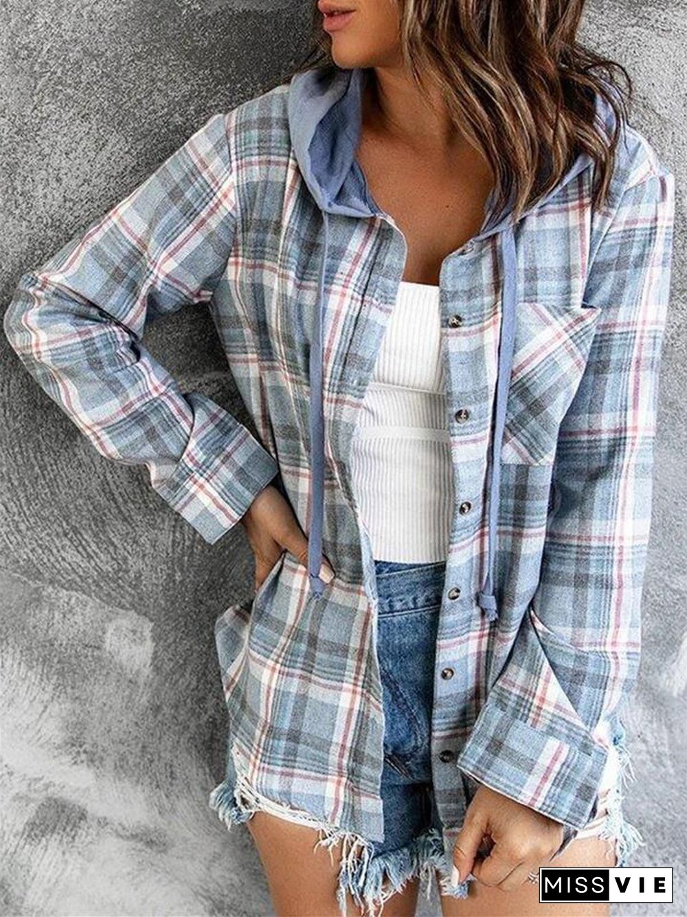 Oversizd Fit Button Up Hoodies Casual Multi Colored Hooded Flannel Shirt