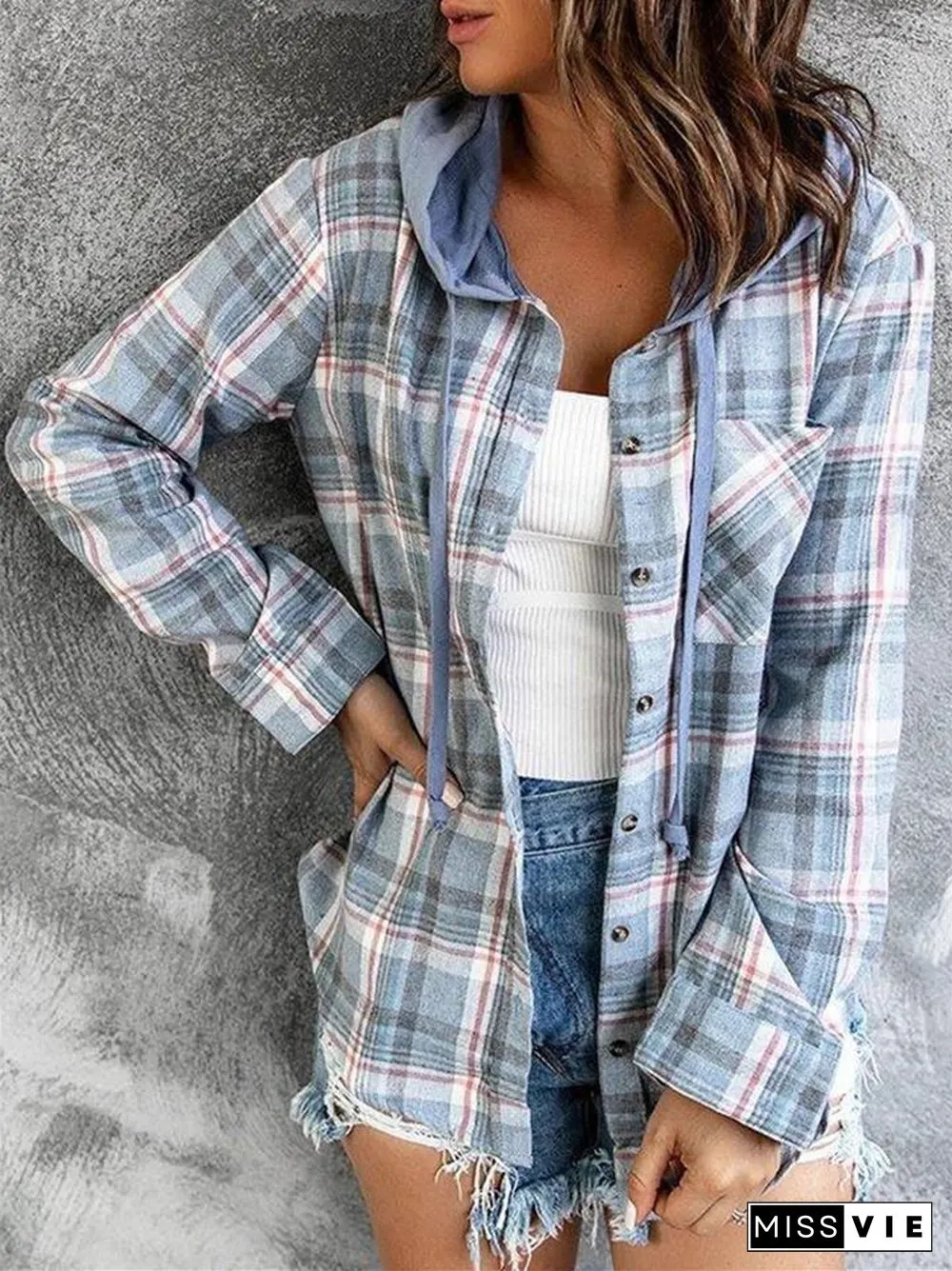 Oversizd Fit Button Up Hoodies Casual Multi Colored Hooded Flannel Shirt