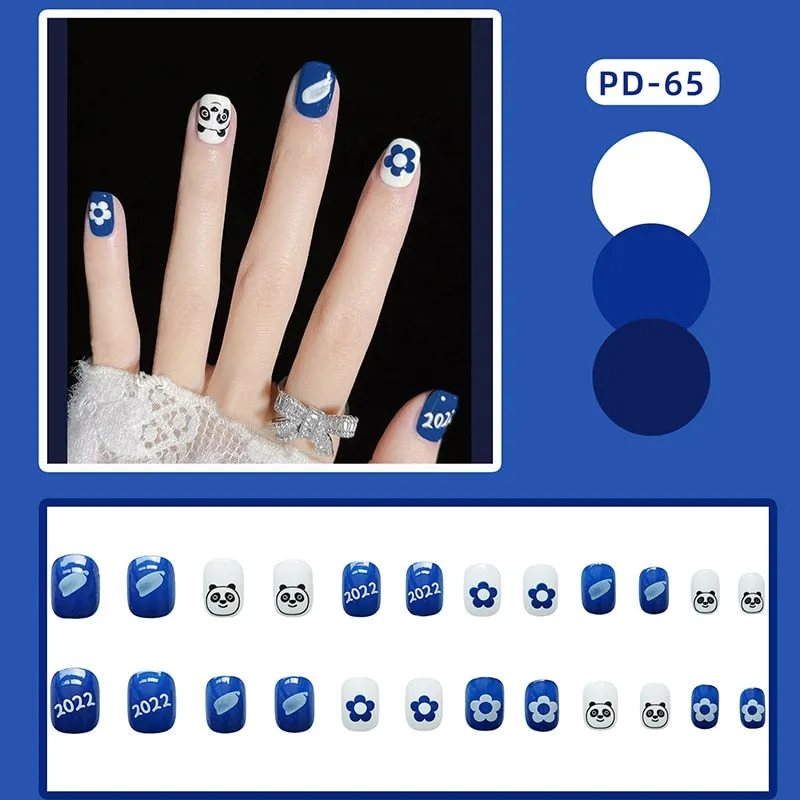 24pcs/box Blue Dye With Sequins Decorated press on nail tips Frosted Square Head Short Wearable Full Cover fake nails with glue-Nail Inspo