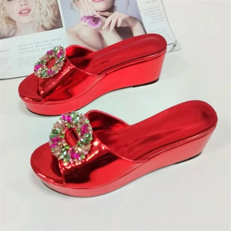 Colorful Rhinestone Embellished Buckle Sandals Women High Platform Wedges Slingbacks Open Toe Slim Mules