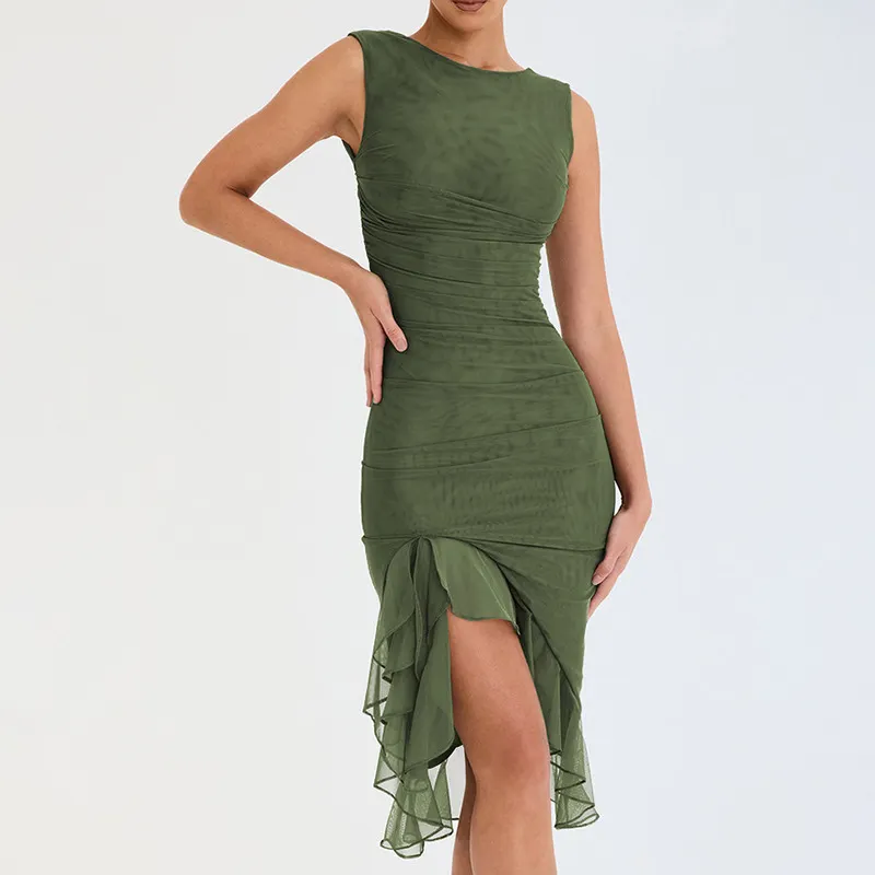 Brownm Brownm Women's Fashion Net Gauze Slim Show Back Solid Color Temperament Sexy Dress Female