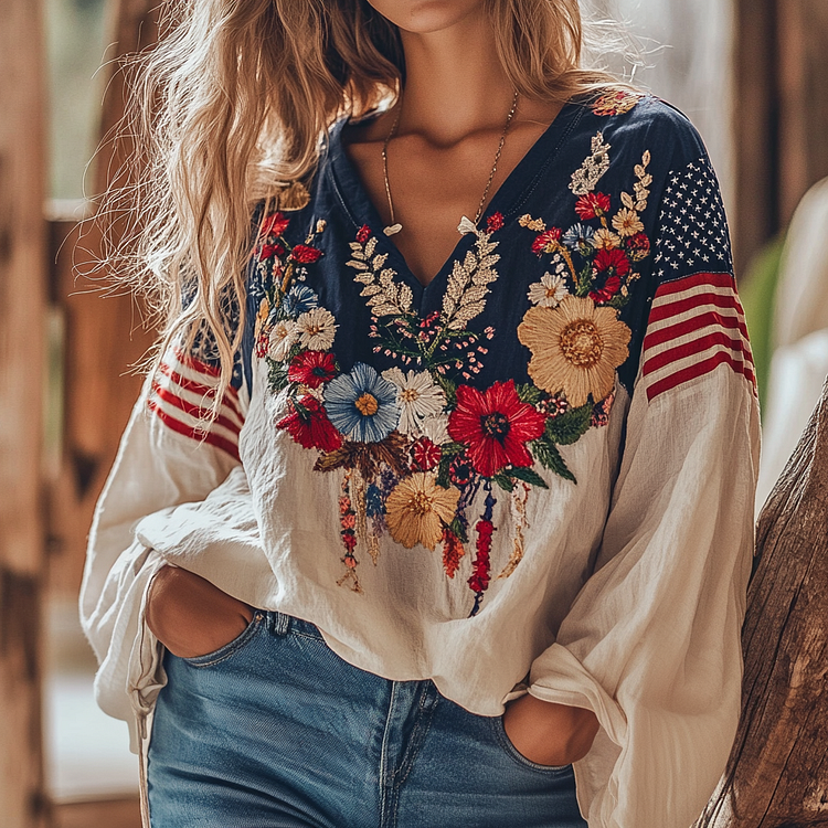 Vintage American Flag Floral Embroidery Cotton And Linen V-neck Shirt