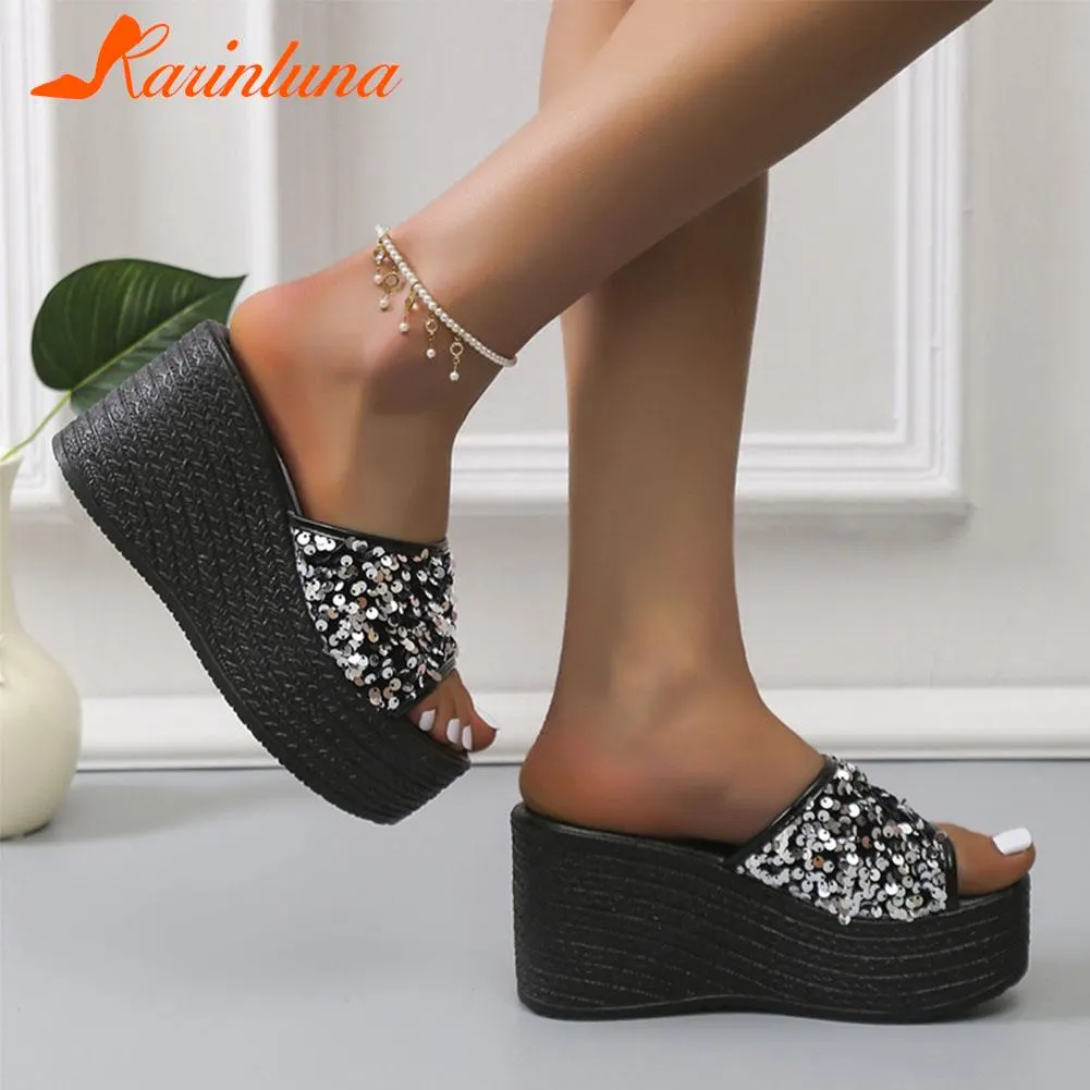 Breakj Wedge High Heeled Women Sandals New Arrived 2023 Bling Sequin Lady Slipper Peep Toe Comfort Walk Causal Sandals Plus Size