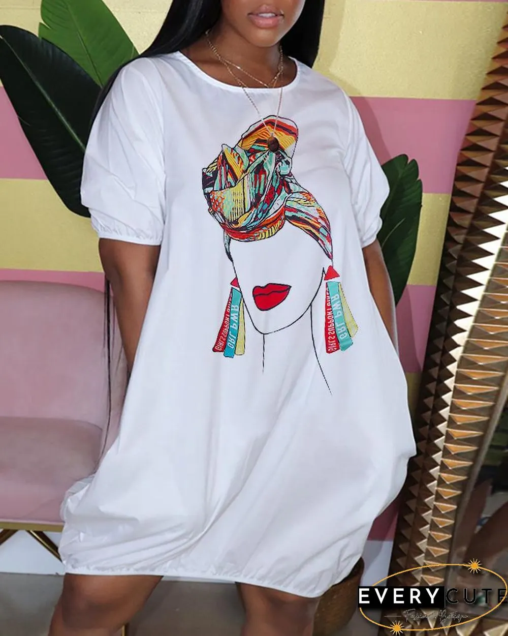 Figure Print Short Sleeve Casual T-shirt Dress