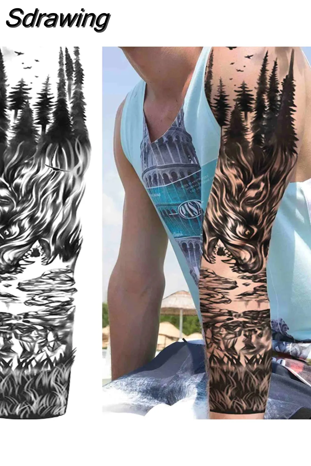 Sdrawing Arm Temporary Tattoos Sleeve For Men Women Realistic Fake Tatoos Warrior Lion Tiger Flower Tatoo Sticker Black Totem Maori 507-1