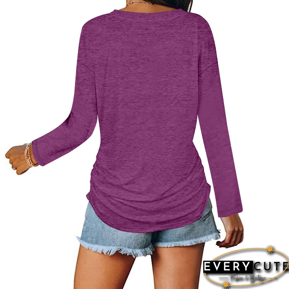 Purple Red V Neck Pleated Long Sleeve Tops