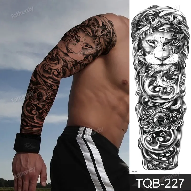 skull sleeve tattoo designs large full arm temporary tattoos for men boy tatoo fake waterproof tiger totem lion dragon pattern