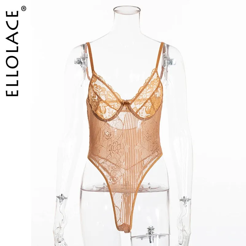 Ellolace Neon Summer 21 Colors Lace Bodysuit Women Floral Embroidery Bow Tie Transparent Sexy Bodysuit Jumpsuit Overalls Party 708