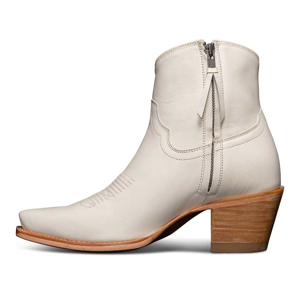 White Vegan Leather Snip Toe Yellow Floral Inlay Chunky Heel Cowgirl Ankle Boots