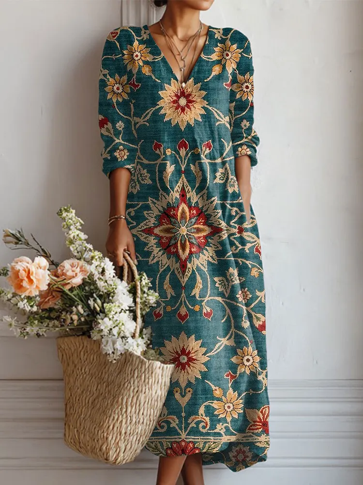 Women's Vintage Flower Art Print Linen Pocket Dress