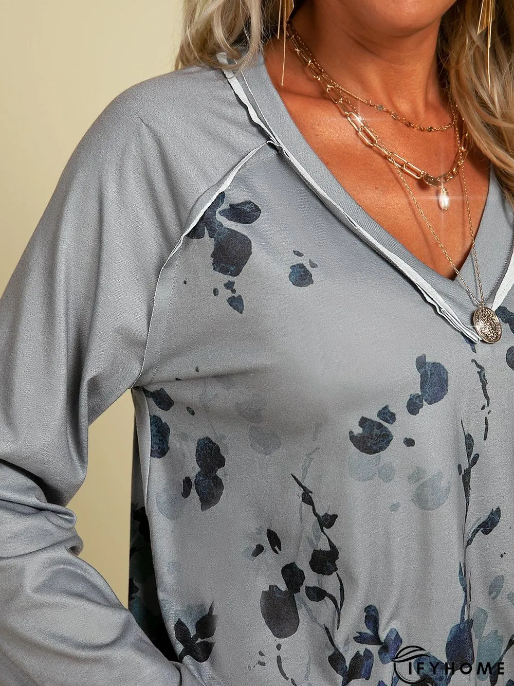 Long Sleeve Printed Holiday V Neck Tunic T-Shirt | IFYHOME