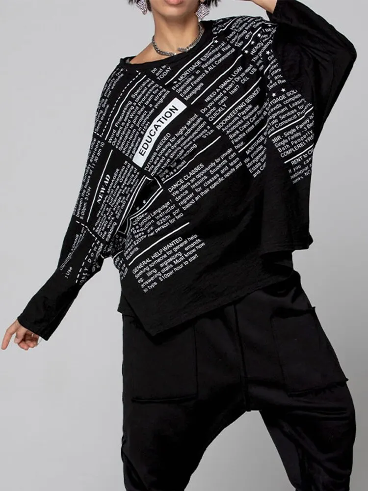 Fashion Loose Crewneck Contrast Color Letter Printed Batwing Sleeve T-shirt  