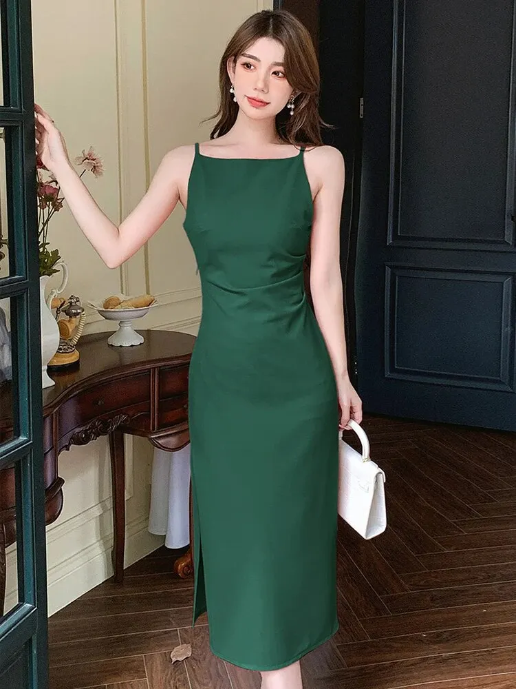 Brownm Summer Elegant Women Evening Dress Simple Solid Sexy Strap Slim Slit Midi Party Club Beach Prom Robe Femme Mujer Vestidos