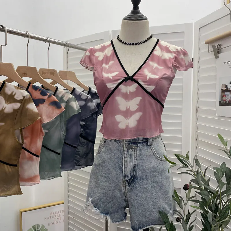Churchf Sexy Hottie V-Neck Butterfly Print Short-Sleeved T-Shirt Slime Short-Navel Net T-Shirt Girl 9920