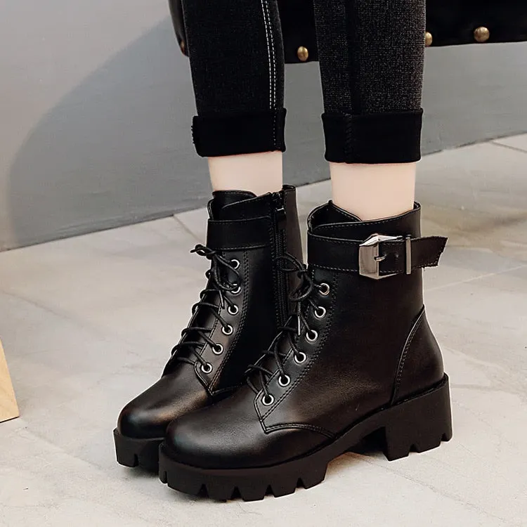 Fashion Leather Boots Woman shoes Winter Warm Lace-up Ankle Boots For Woman High Quality Waterproof Platform Boots 2021