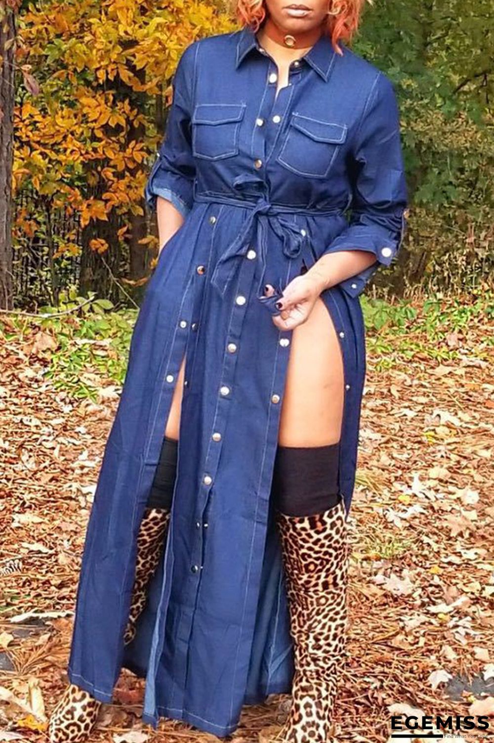 Blue Trendy Buttons Design Denim Ankle Length Dress | EGEMISS