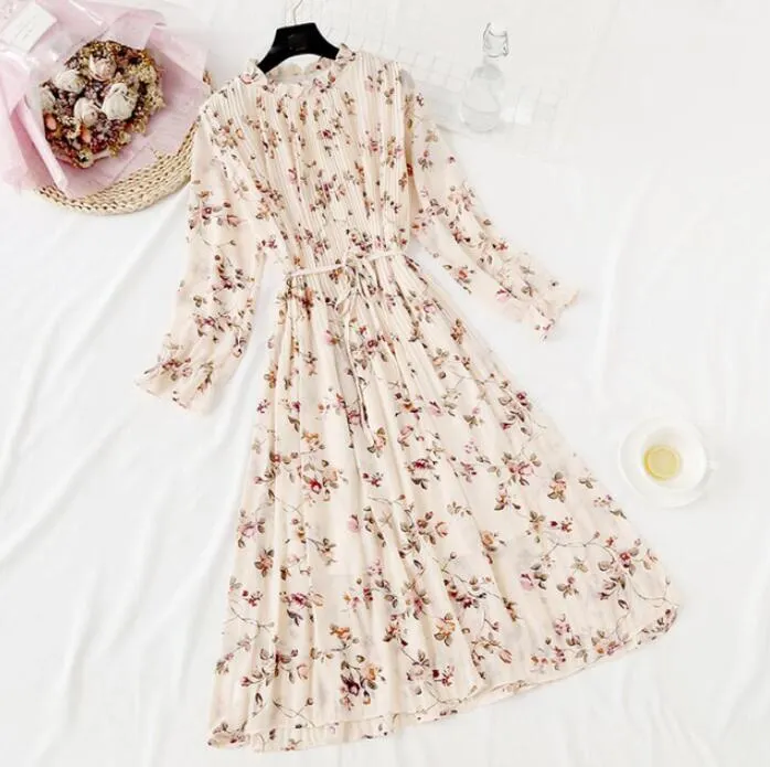 Polka Dot Print Women Chiffon Pleated Dress Sweet Flare Sleeve Party Dresses Casual Loose Lady Office Midi Dress Vestidos Mujer