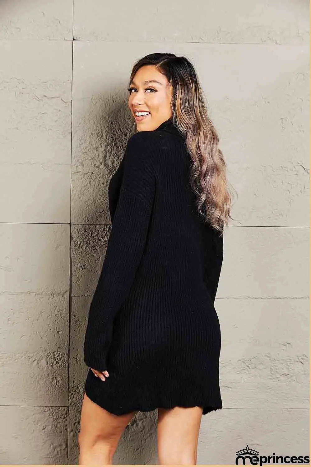 Double Take Rib-Knit Turtleneck Drop Shoulder Sweater Dress