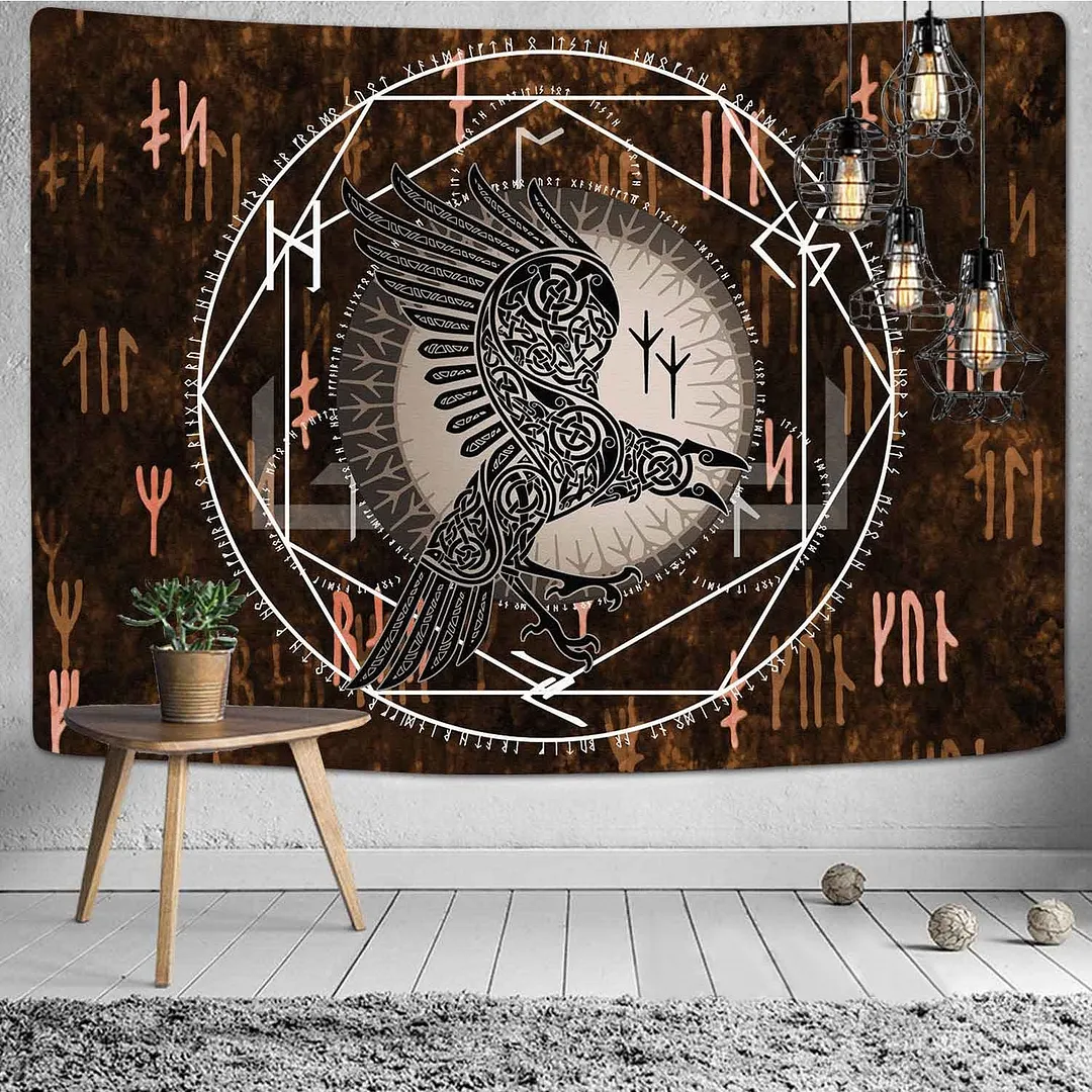 Viking Raven Tapestry Mysterious Viking Meditation Psychedelic Runes Art Wall Hanging Tapestries for Living Room Decor Yoga Mat