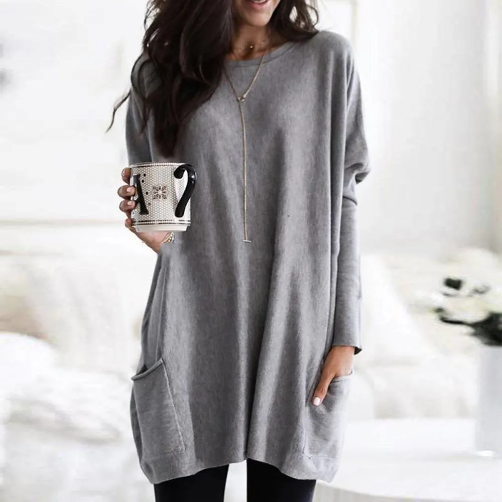 Brownm Autumn Pullover Casual Round Neck Long Sleeve Pocket T-shirt Top