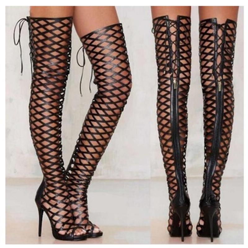 GOOSHOE Thigh High Sandals Boots Women Peep Toe Hollow Over Knee Long Boots High Heel Sandal Boots