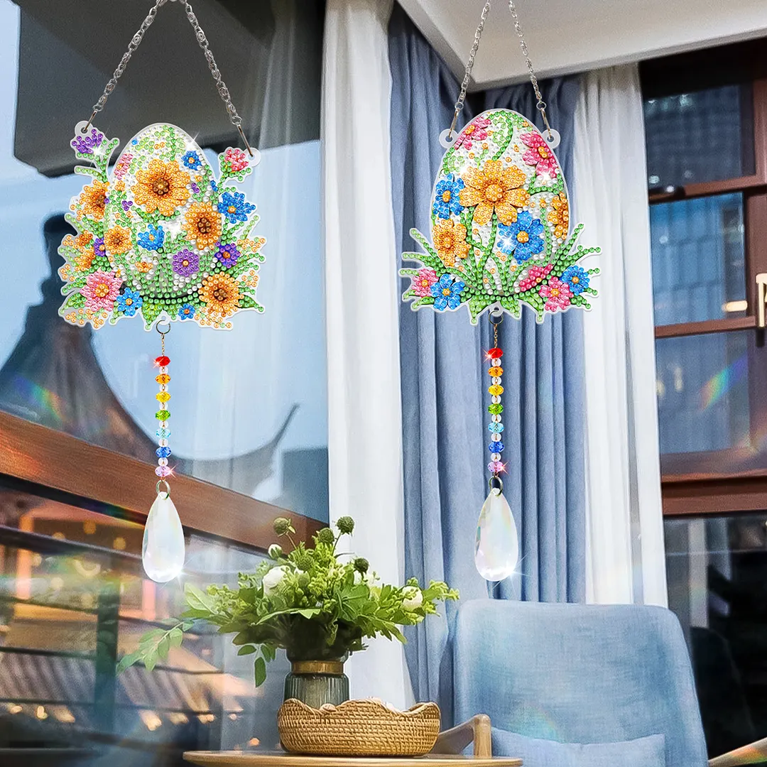 2Pcs Flower Easter Egg DIY Acrylic Diamond Painting Art Wind Chimes with Crystal Pendant Diamond Art Hanging Pendant Double-Sided for Adults Beginners Gift Home Garden Decor