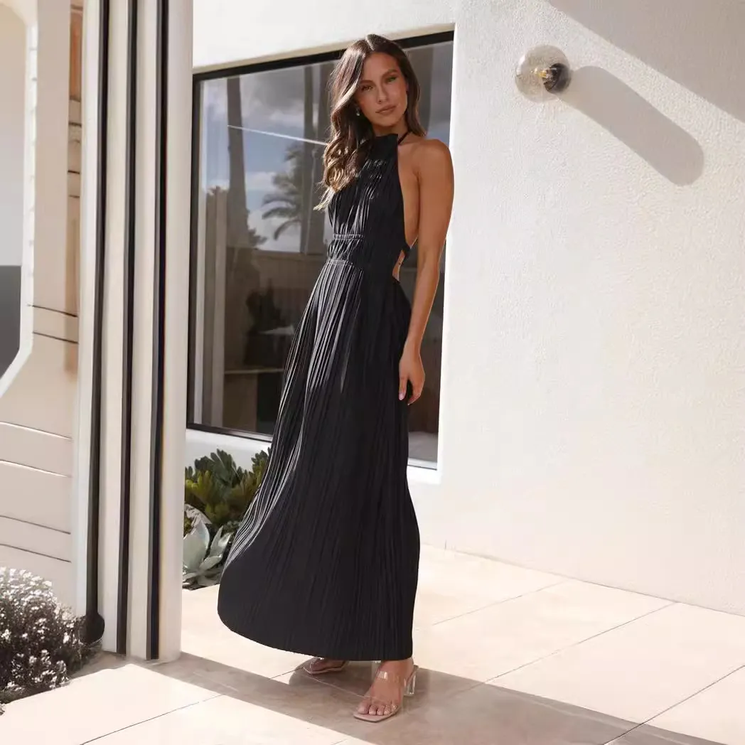 Brownm Brownm Summer New Fashion Small Pure And Fresh Shoulder Hanging Neck With Personality Show Back Long Dress 23035