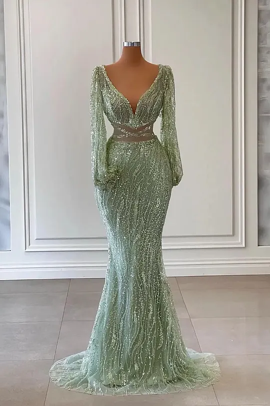 mac duggal apple green dress WEDTREND Women Sparkly Light Green Prom Dress Sequins Mermaid Long Evening  Dress with Slit main image 1