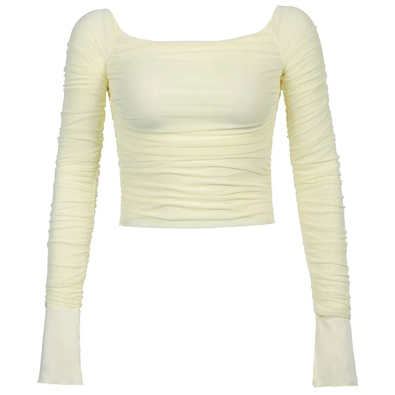 Rapcopter Ruched Mesh Crop Top Slash Neck Sexy T Shirt Y2K Split Long Sleeve Pullovers Cream Yellow Women Autumn Party Clubwear