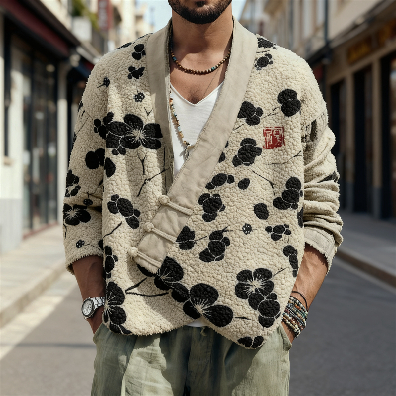 Men&lsquo;s Japanese Plum Blossom Art Cozy Fleece Kimono Cardigan