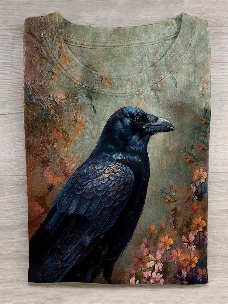 Unisex Halloween Raven Print Casual T-Shirt