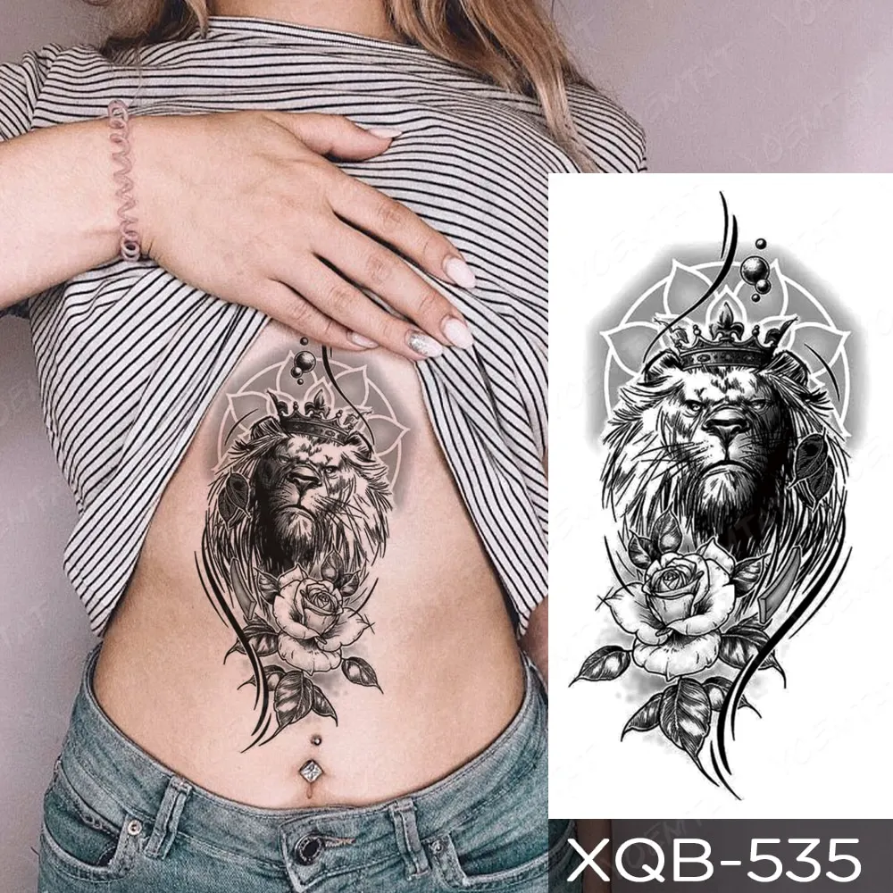 Sdrawing Temporary Tattoo Stickers Fox Lion Tiger Wolf Peony Rose Flowers Leaf Flash Tatto Women Men Body Art Arm Fake Tattoos