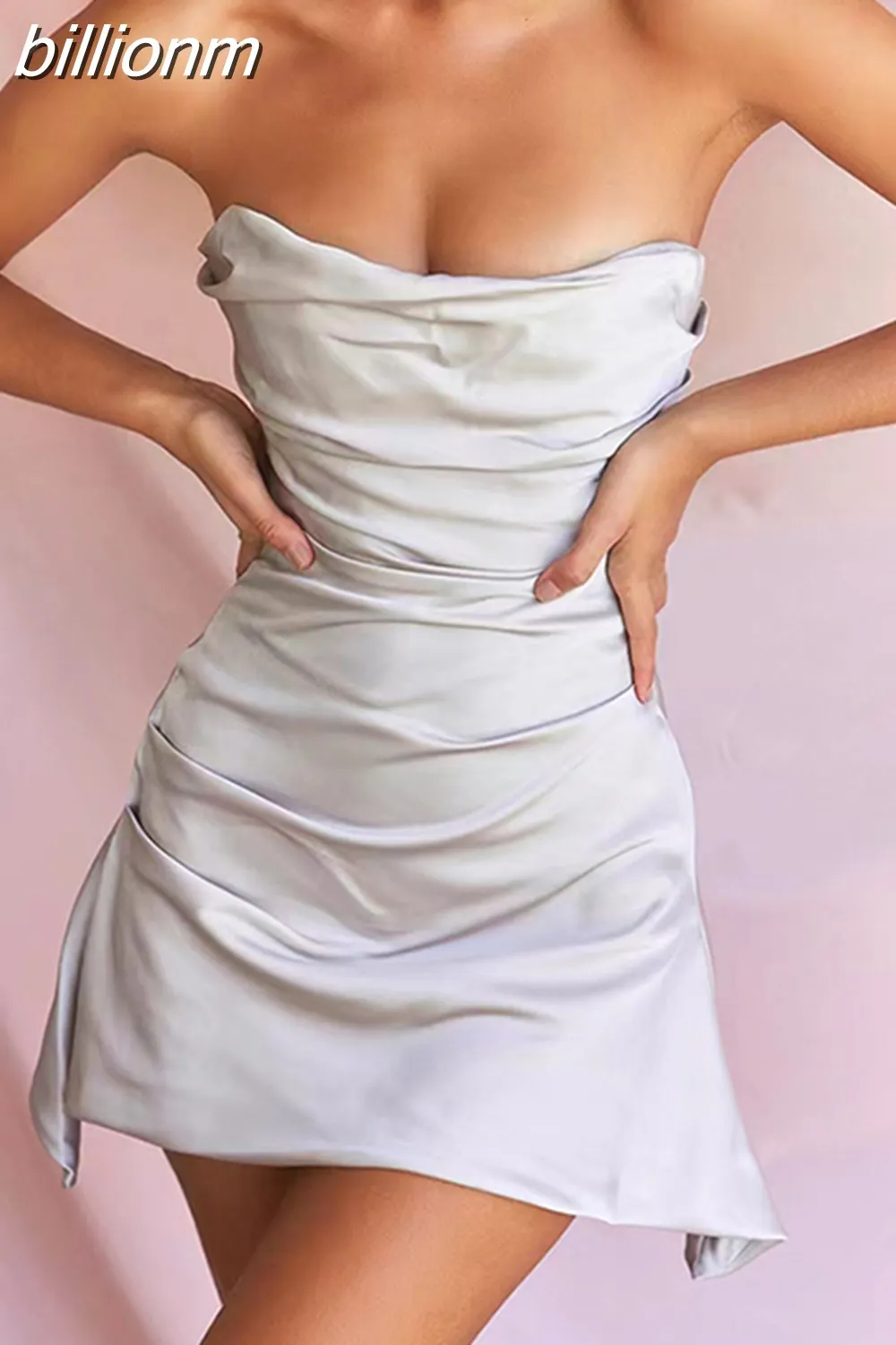 billionm Elegant Double Layered Satin Mini Dress Sexy Strapless Summer 2023 Holidays Outfits Partywear Birthday Dress For Women