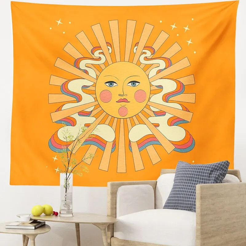 Vintage Sun Tapestry Wall Hanging 80S Rainbow Decor Fabric Home Bedroom Decoration Vintage Hippie Background Cloth Wall Covering