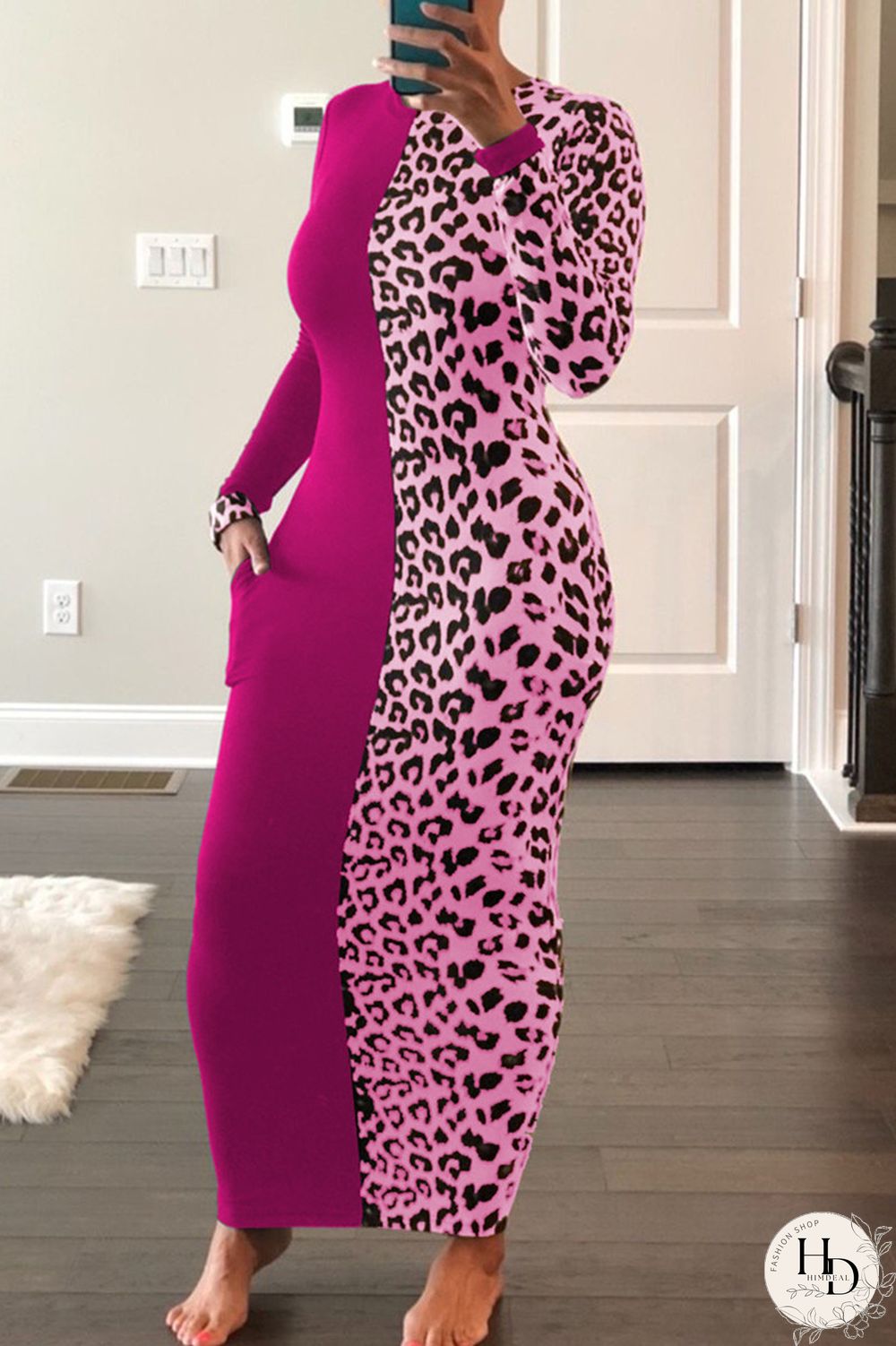 Rose Red Fashion Casual Print Leopard Split Joint O Neck Long Sleeve Dress