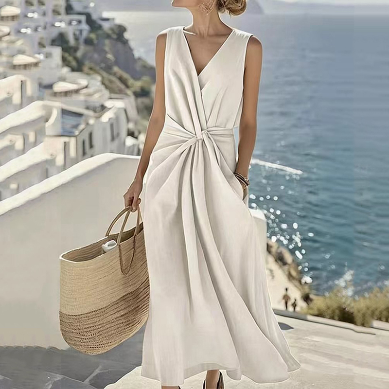 Women's Solid Color V-neck Sleeveless Linen Blend Midi Dress elevenforest