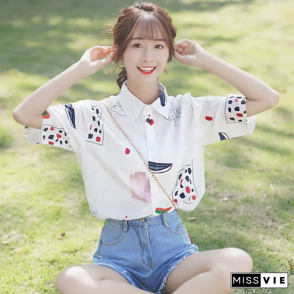 Vintage Print Loose Laple T-Shirt Pocketed Denim Shorts