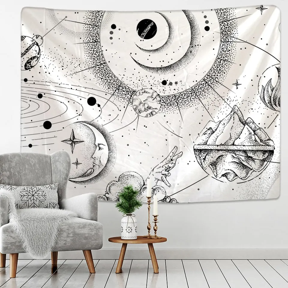 White Black Sun Moon Mandala Starry Sky Tapestry Wall Hanging Bohemian Gypsy Psychedelic Tapiz Witchcraft Astrology Tapestry
