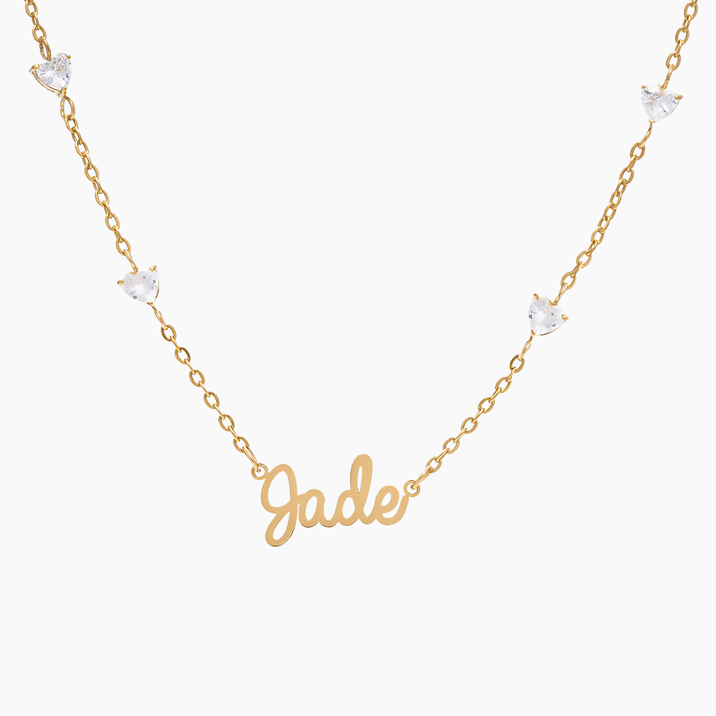 4-Heart Crystal Gold Name Necklace
