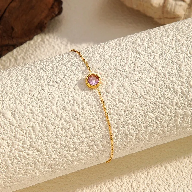 Adjustable Stainless Steel Bracelet with Single CZ Stone for Women
