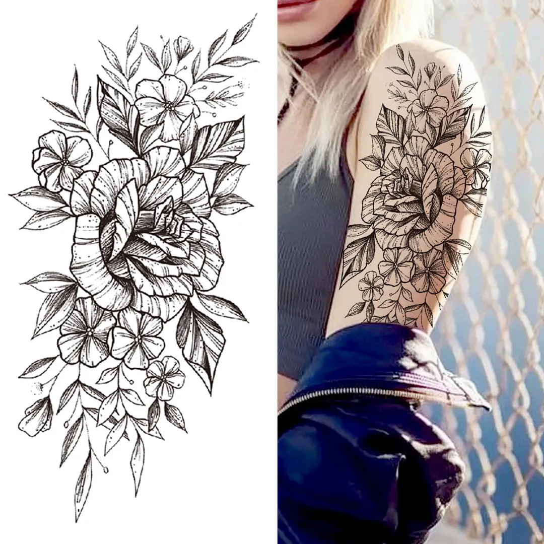 Realistic Fake Peony Temporary Tattoos For Women Girl Black Rose Elephant Flower Tattoo Sticker Tiger Anemone Tatoos Half Sleeve 515-1